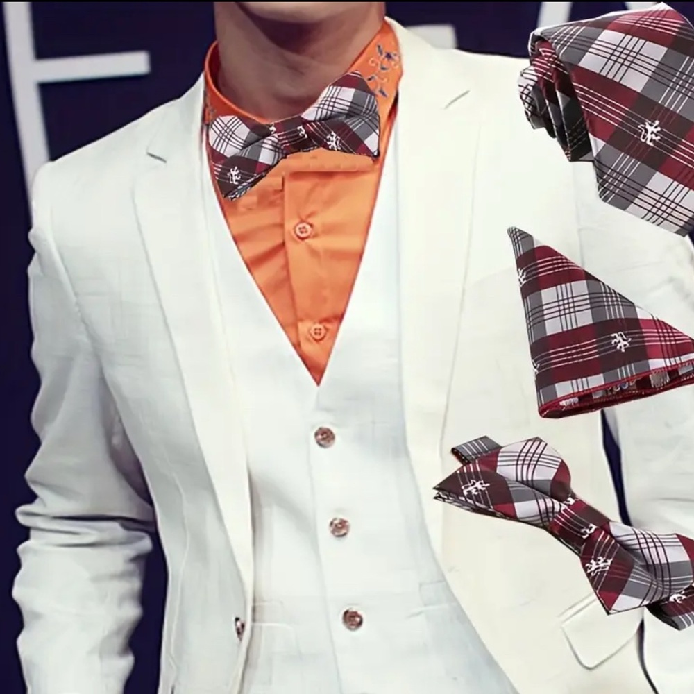 Red and Grey Plaid Bow Tie, Tie, Handkerchief Accessories